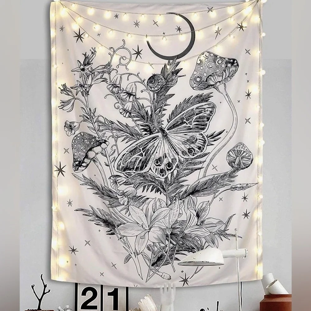 Fowocu Butterfly and Flower Vertical Tapestry Wall Black White Large